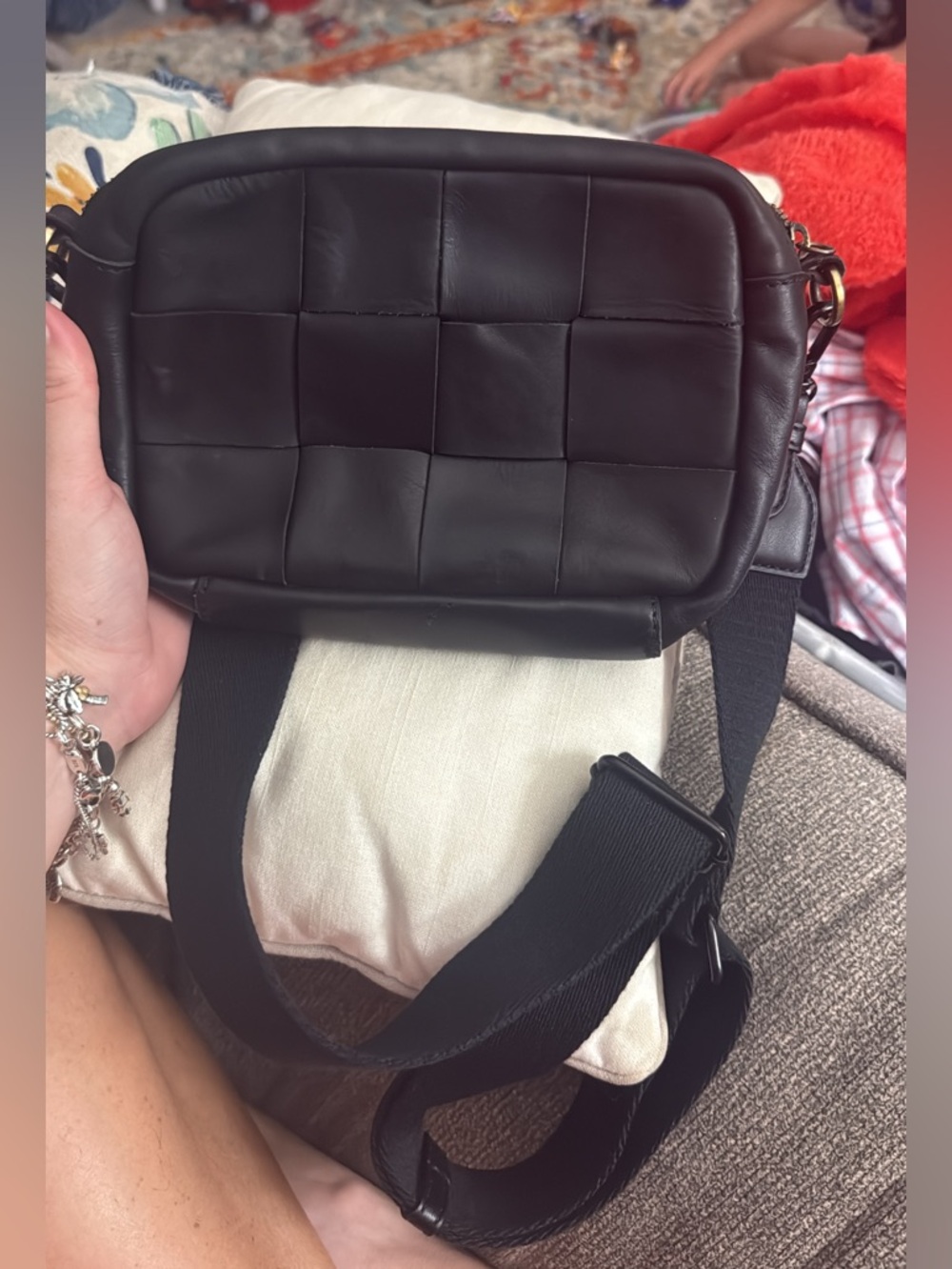 Black Woven-Panel Crossbody Bag with Adjustable Strap